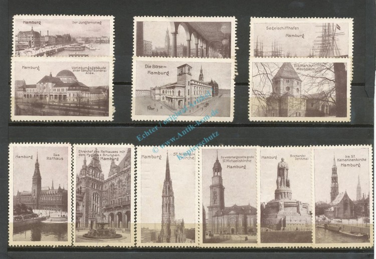 Reklamemarken Hamburg Set 12 Stück -sehr seltene Stadt-Bilder- unc-kfr. -0120-