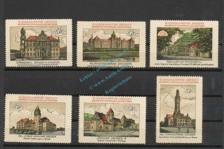 Reklamemarken Leipzig Set 6 Stück -B.Lohse & Rothe Dachpappen-Teerprodukte- unc-kfr. -0121-