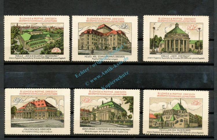 Reklamemarken Leipzig Set 6 Stück -B.Lohse & Rothe Dachpappen-Teerprodukte- unc-kfr. -0122-