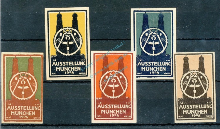 Reklamemarken München 1908 , 5 x -Ausstellung Mai-Oktober 1908- unc-kfr. -0110-