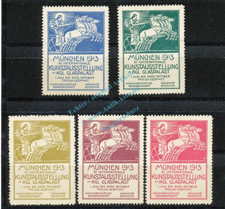 Reklamemarken München 1913 , 5 x -11. Kunstausstellung Kgl. Glaspalast- unc-kfr. -0108-