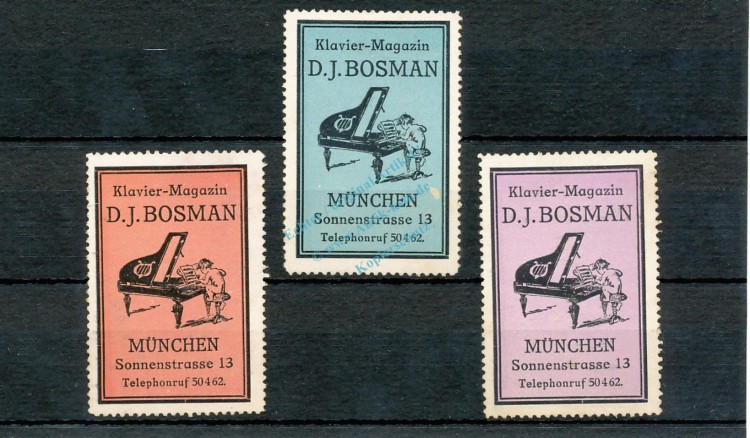 Reklamemarken München 3 Stück -Klavier Magazin D.J. Bosman- unc-kfr. -0108-