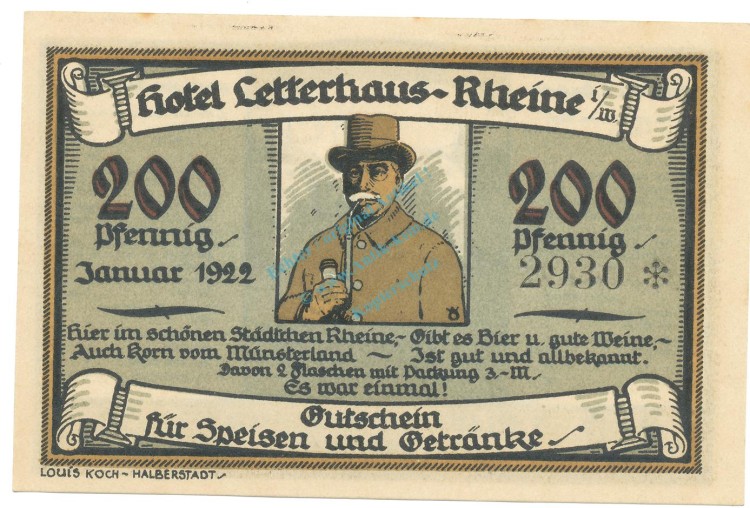 Rheine , Notgeld 200 Pfennig -Letterhaus- unc-kfr. M-G.1118.1 , NRW 1922 Seriennotgeld -5845-