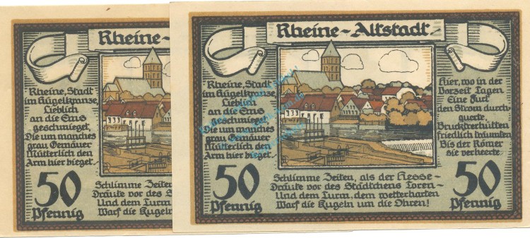 Rheine , Notgeld 50 Pf. -2 x KN fortlaufend- unc-kfr. M-G.1118.1 , NRW 1922 Seriennotgeld -5847-