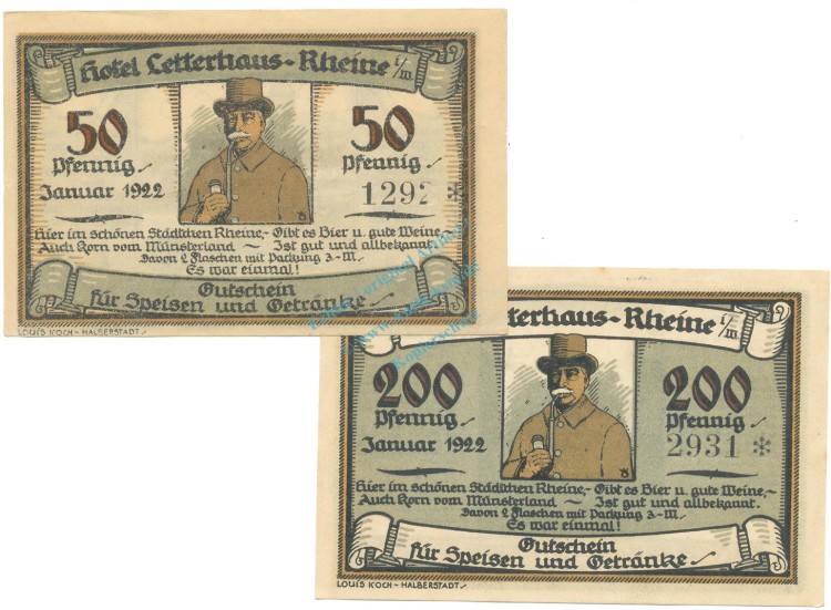 Rheine , Notgeld Set mit 2 Scheinen unc-kfr. M-G.1118.1 , NRW 1922 Seriennotgeld -5848-