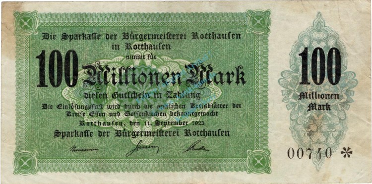Rotthausen , 100 Millionen Mark Grossnotgeld gbr. RHL 1923 Inflation -3739-