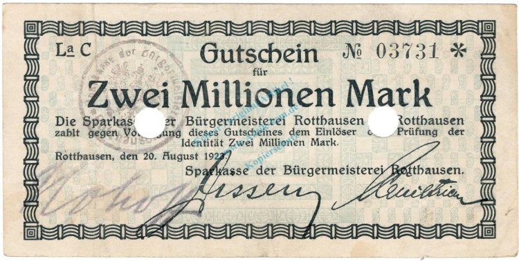 Rotthausen , 2 Millionen Mark Grossnotgeld Schein gbr.E RHL 1923 Inflation -3733-