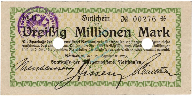 Rotthausen , 30 Millionen Mark Grossnotgeld Schein gbr.E RHL 1923 Inflation -3734-