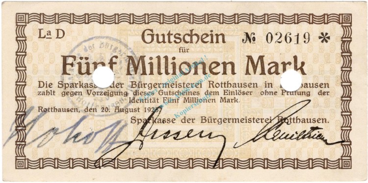 Rotthausen , 5 Millionen Mark Grossnotgeld unc-kfr.E RHL 1923 Inflation -3738-