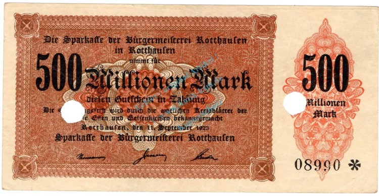 Rotthausen , 500 Millionen Mark Grossnotgeld L-gbr.E RHL 1923 Inflation -3740-