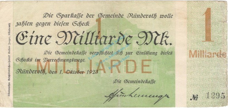 Rüdenroth , Notgeld 1 Milliarde Mark Schein gbr. RHL 1923 Inflation -3726-