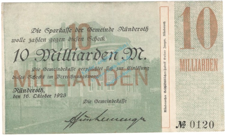 Rüdenroth , 10 Milliarden Mark Grossnotgeld Schein gbr. RHL 1923 Inflation -3727-