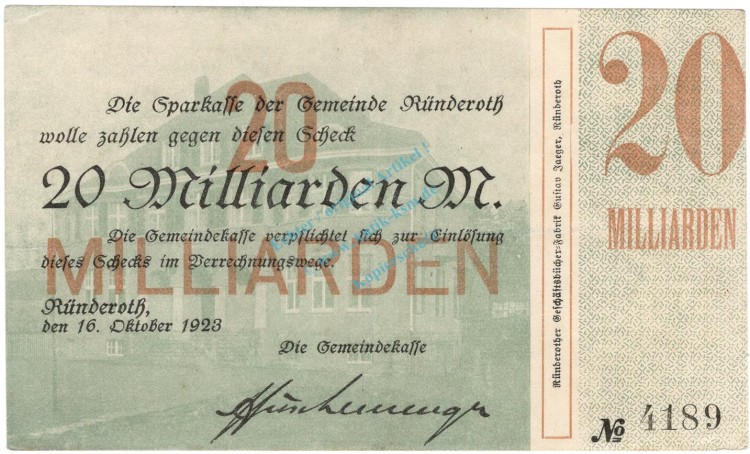 Rüdenroth , 20 Milliarden Mark Grossnotgeld Schein gbr. RHL 1923 Inflation -3728-