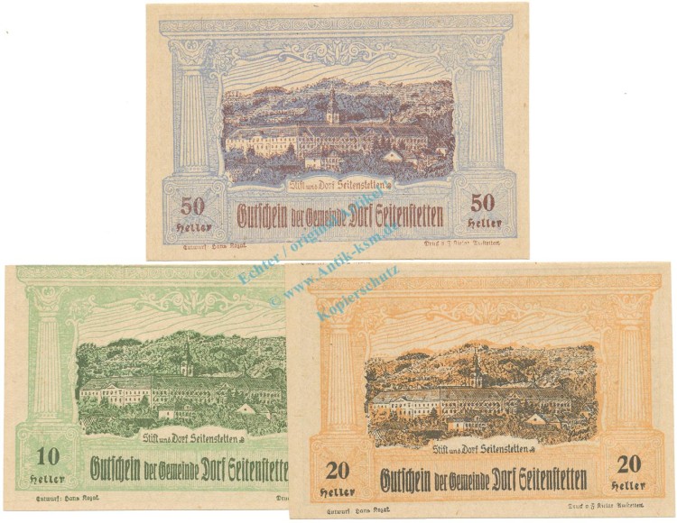 Seitenstetten , Notgeld Set 3 Scheine unc-kfr. K-K.989... 1920 Nieder Österreich -0577-
