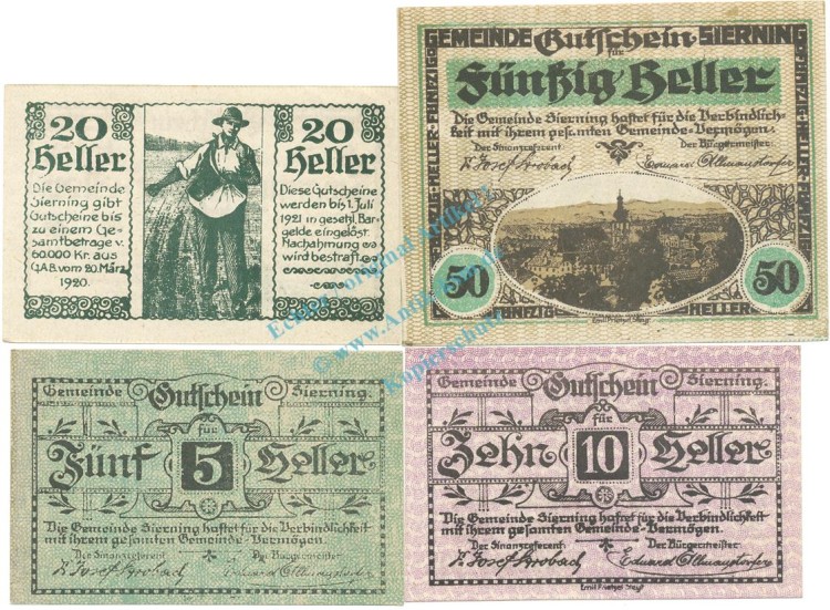 Sierning , Notgeld Set 4 Scheine unc-kfr. K-K.995... 1920 Ober Österreich -0574-
