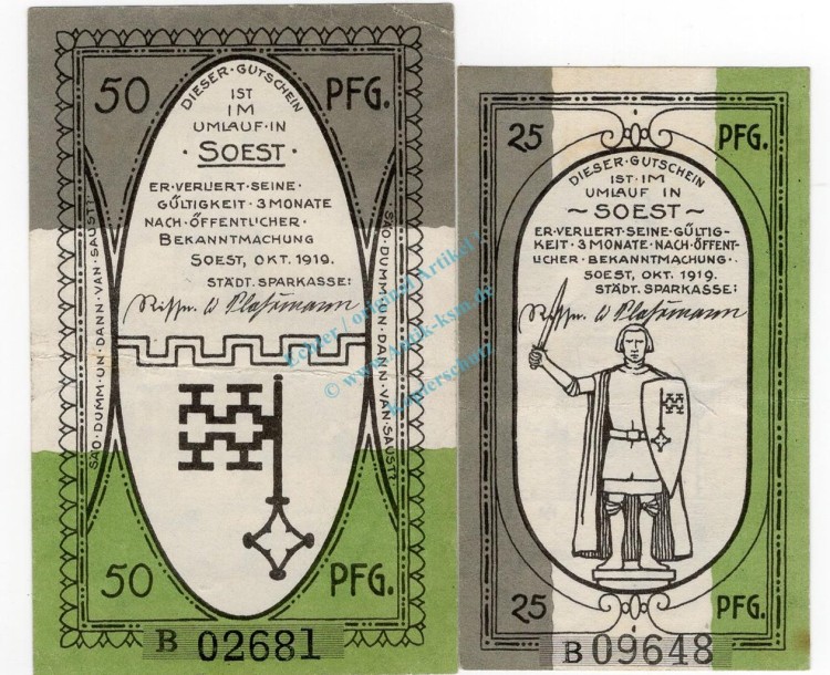 Soest , Notgeld Set 2 Scheine -B- L-gbr. Ti.6940.10.05-06 NRW 1919 Verkehrsausgabe -4323-