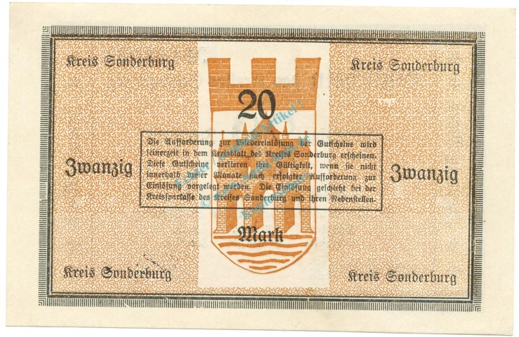 Sonderburg , Banknote 20 Mark Schein unc-kfr. Gei.501.04.a , SH 1918 Grossnotgeld -3680-