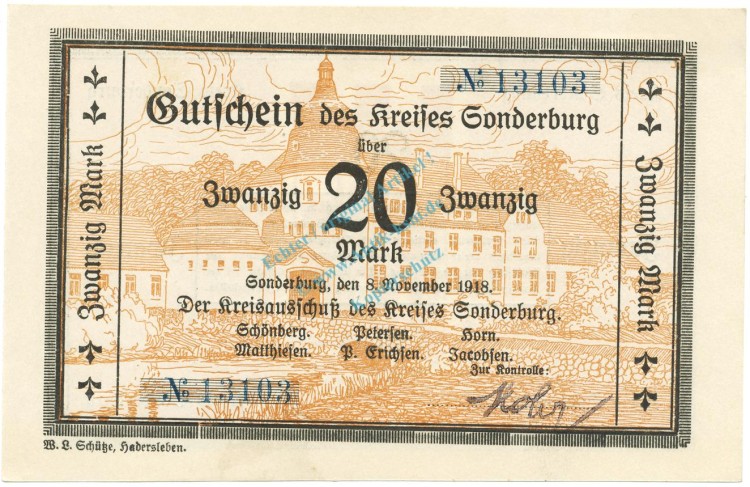 Sonderburg , Banknote 20 Mark Schein unc-kfr. Gei.501.04.a , SH 1918 Grossnotgeld -3680-