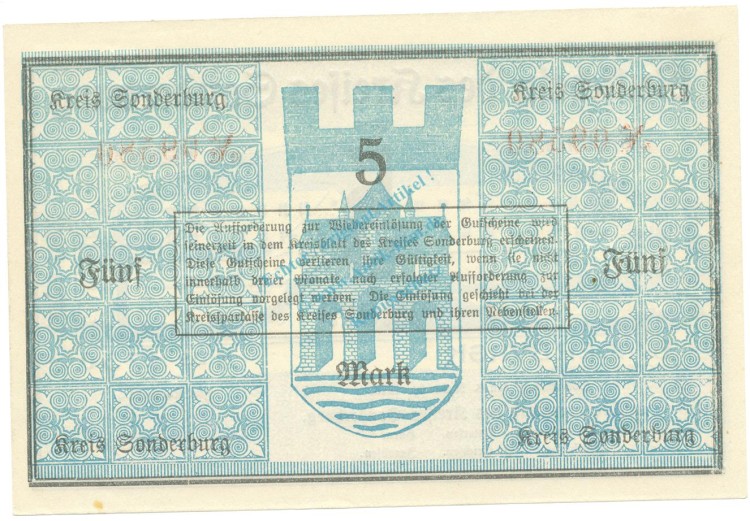 Sonderburg , Banknote 5 Mark Schein unc-kfr. Gei.501.03.a , SH 1918 Grossnotgeld -3679-