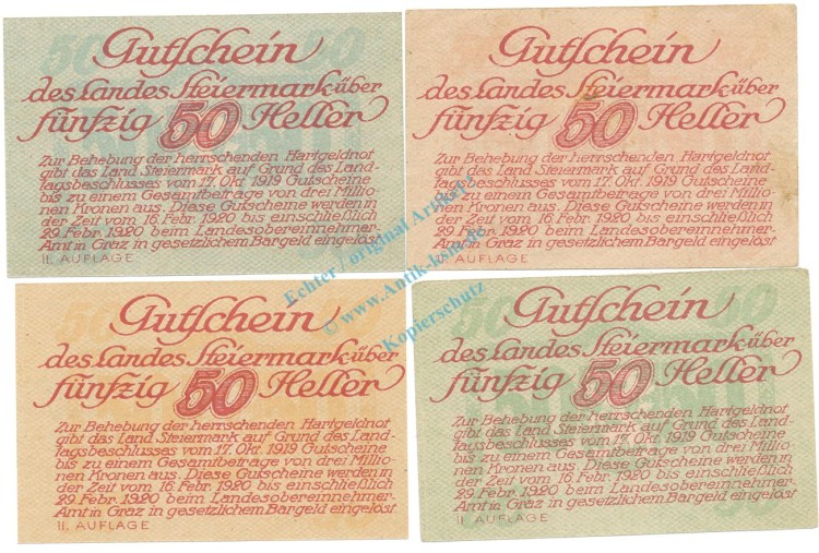 Steiermark , Notgeld Set 4 Scheine unc-kfr. K-K.1014.b , 1919 Steiermark -0572-