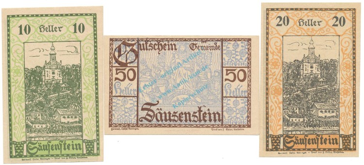 Säusestein , Notgeld Set 3 Scheine unc-kfr. K-K.950 , o.D. Österreich -0582-