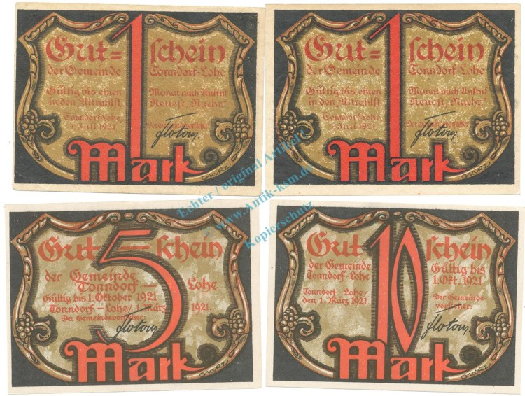 Tonndorf , Notgeld Set 4 Scheine unc-kfr. M-G.1330.3-4 , SH 1921 Seriennotgeld -5855-