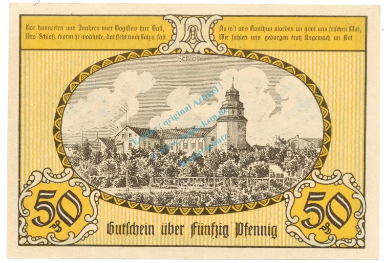 Notgeld Stadt Ueckermünde 1350.1 , 50 Pfennig Schein Nr.1 in kfr. von 1921 , Mecklenburg Vorpommern Seriennotgeld