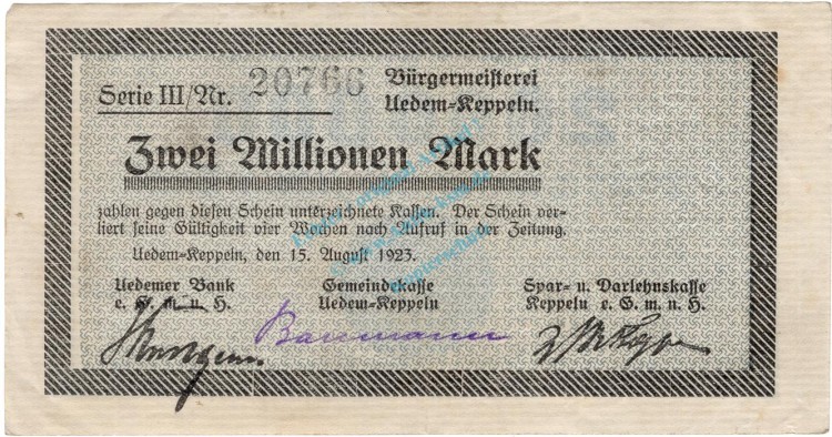 Uedem-Keppeln , 2 Millionen Mark Schein L-gbr. Ke.5257.c RHL 1923 Inflation -3724-