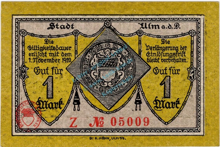 Ulm , Banknote 1 Mark Schein unc-kfr. Gei.528.04 WÜR 1918 Grossnotgeld -3722-