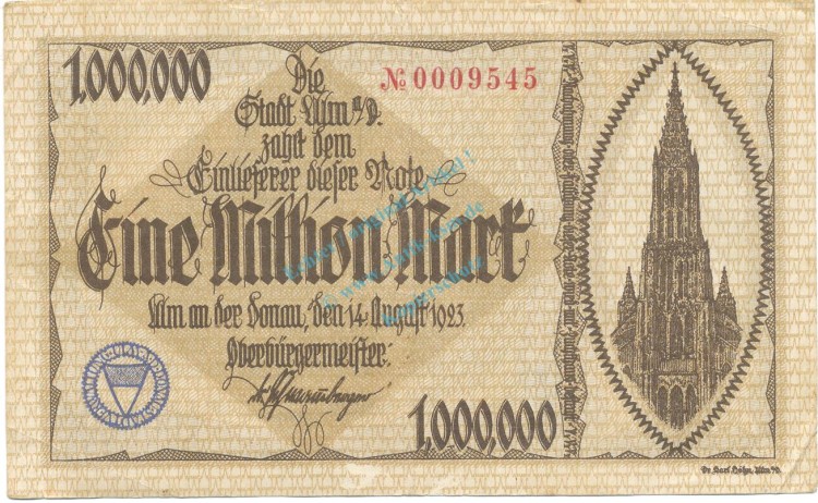 Ulm , Banknote 1 Million Mark gbr. Ke.2280 , WÜR 1923 Inflation -3665-