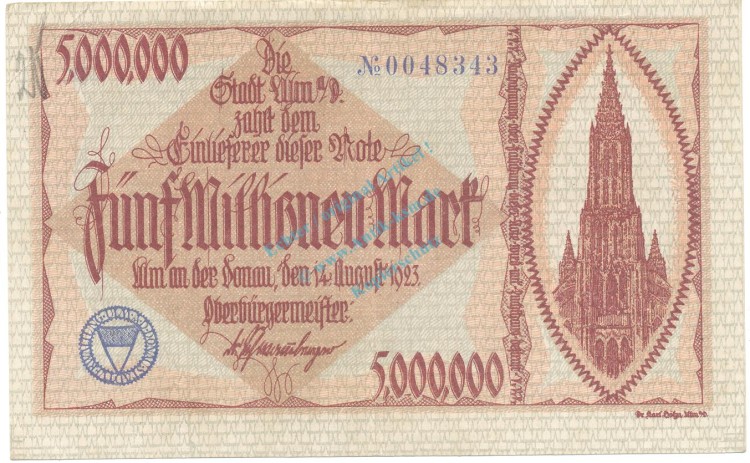Ulm , Banknote 5 Millionen Mark Schein gbr. Ke.2280 , WÜR 1923 Inflation -3666-