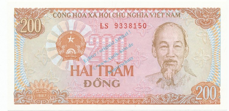Vietnam Banknote 200 Dong Schein unc-kfr. 1987, -Ho Chi Minh- WPM.100 -0369-