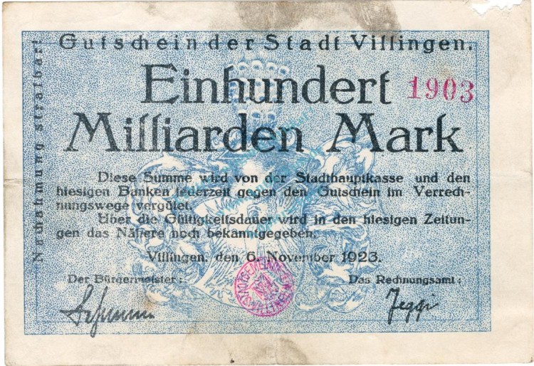 Villingen , 100 Milliarden Mark Grossnotgeld Schein gbr. BAD 1923 Inflation -3735-