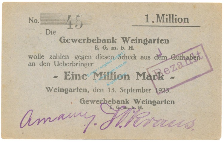Weingarten , Banknote 1 Million Mark Scheck L-gbr. Ke.5512.C , WÜR 1923 Inflation -3672-