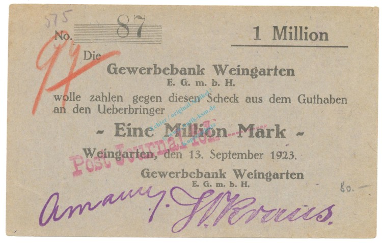 Weingarten , Banknote 1 Millionen Mark Scheck unc-kfr. Ke.5512.C , WÜR 1923 Inflation -3676-