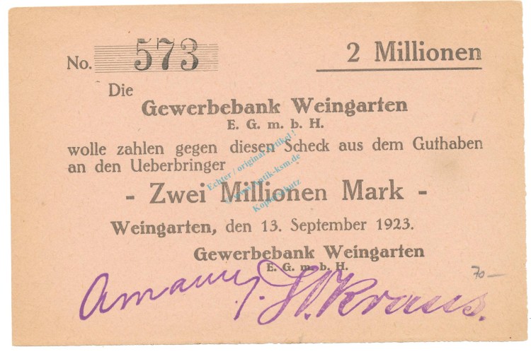Weingarten , Banknote 2 Millionen Mark Scheck unc-kfr. Ke.5512.C , WÜR 1923 Inflation -3674-