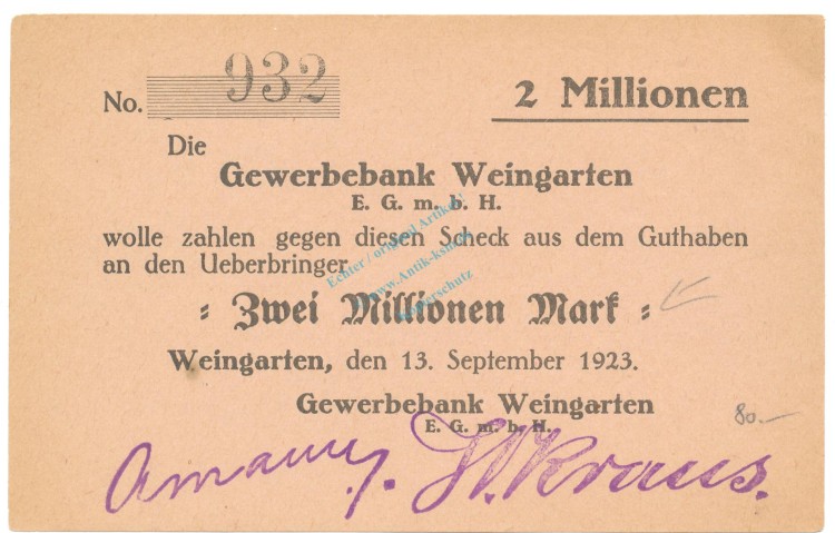 Weingarten , Banknote 2 Millionen Mark Scheck unc-kfr. Ke.5512.C , WÜR 1923 Inflation -3675-