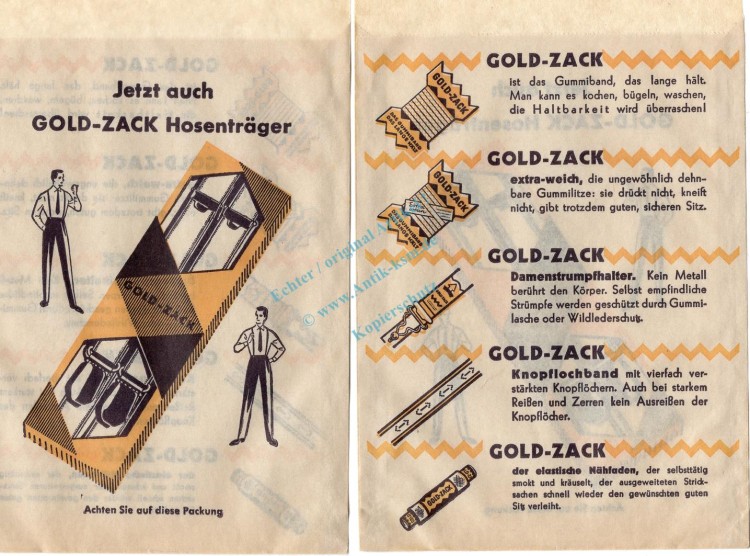Werbung Reklametüte -Gold-Zack Hosenträger- unc-kfr. Vintage Tante Emma -0262-