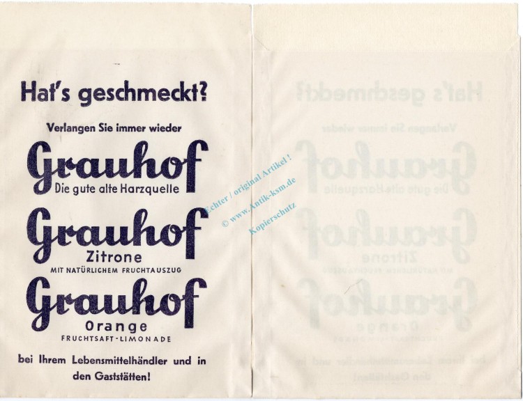 Werbung Reklametüte -Harzer Grauhof Brunnen- unc-kfr. Vintage Tante Emma -0259-