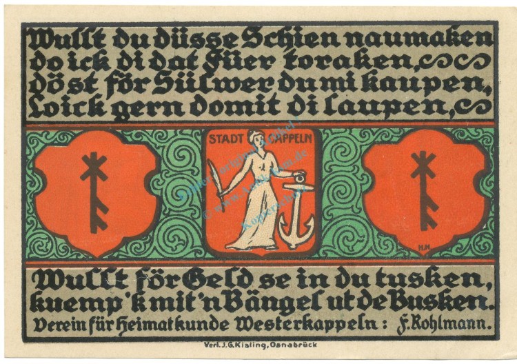 Westerkappeln , Notgeld 1 Mark Schein -1- unc-kfr. M-G.1415.1 NRW o.D. Seriennotgeld -5840-