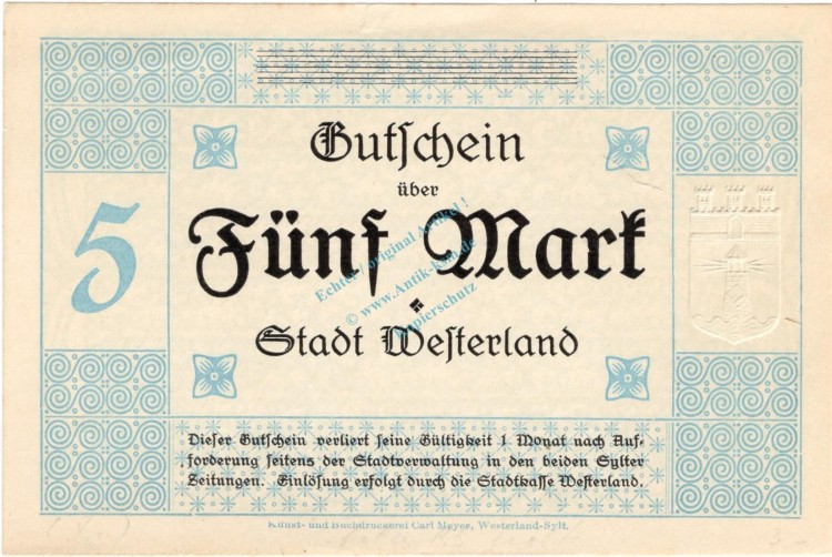 Westerland , Banknote 5 Mark -MUSTER- unc-kfr. Geiger.548.03.b , SH 1918 Grossnotgeld -3683-