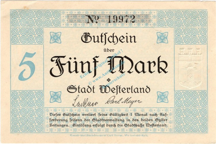 Westerland , Banknote 5 Mark Schein unc-kfr. Geiger.548.05.a , SH 1918 Grossnotgeld -3684-
