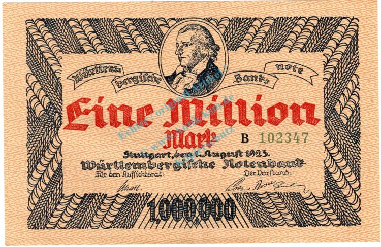 Württemberg , 1 Million Mark Schein L-gbr. WTB.19, Ros.779, P.988 , 1923 Länderbank -1330-