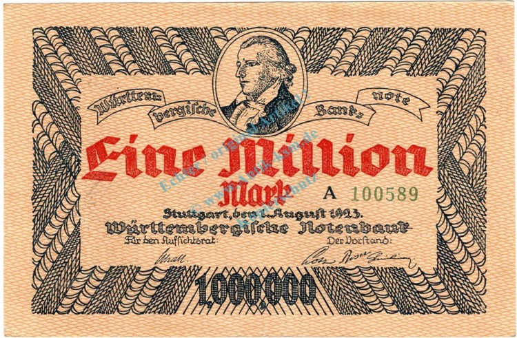 Württemberg , 1 Million Mark Schein unc-kfr. WTB.19, Ros.779, P.988 , 1923 Länderbank -1329-