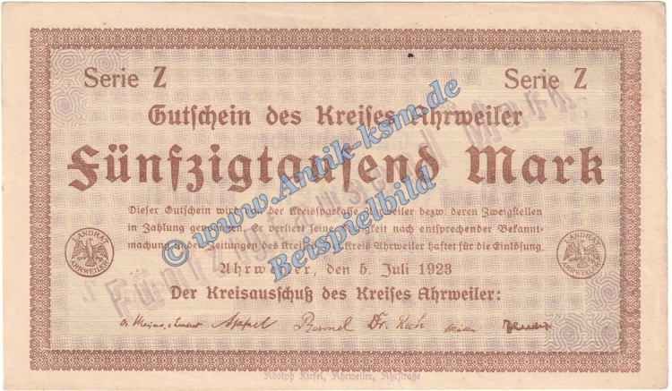 Ahrweiler , Banknote 50.000 Mark Schein in kfr. Keller 20.a.22 , Rheinland 1923 Grossnotgeld - Inflation