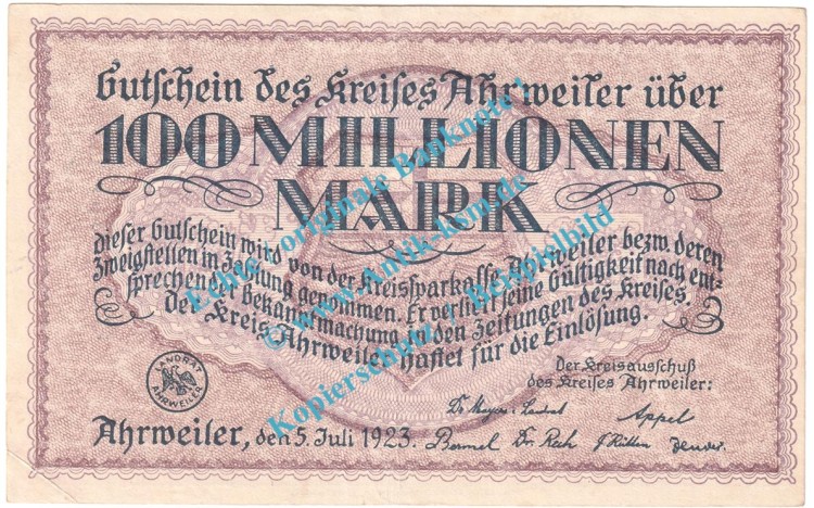 Ahrweiler , Notgeld 100 Millionen Mark -Achteck- in f-kfr. Keller 28.a , Rheinland 1923 Grossnotgeld Inflation