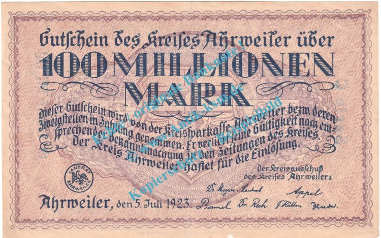 Ahrweiler , Notgeld 100 Millionen Mark -v.Kreise- in gbr. Keller 28.a , Rheinland 1923 Grossnotgeld Inflation