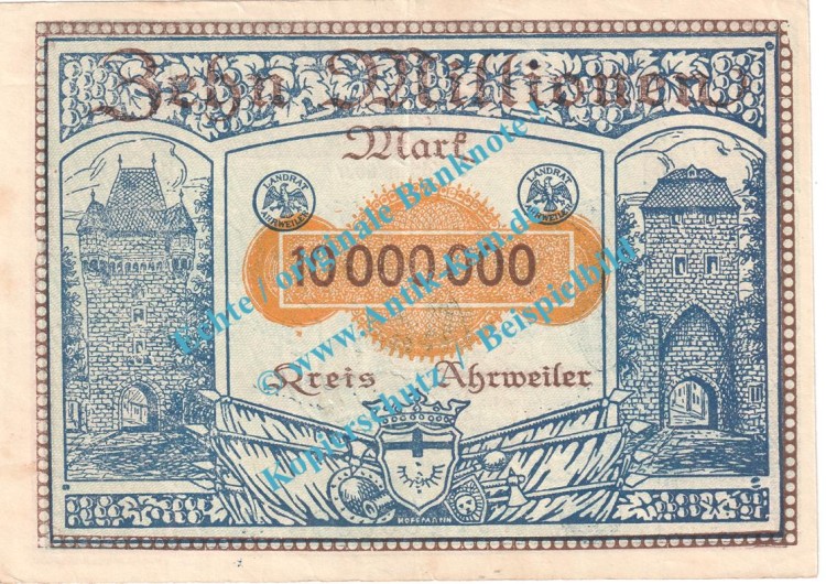 Ahrweiler , Notgeld 10 Millionen Mark Schein in gbr. Keller 28.a.46 , Rheinland 1923 Grossnotgeld Inflation
