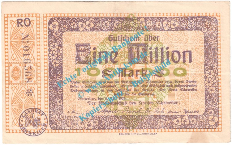 Ahrweiler , Notgeld 1 Million Mark -Stempel- in gbr. Keller 28.a , Rheinland 1923 Grossnotgeld Inflation