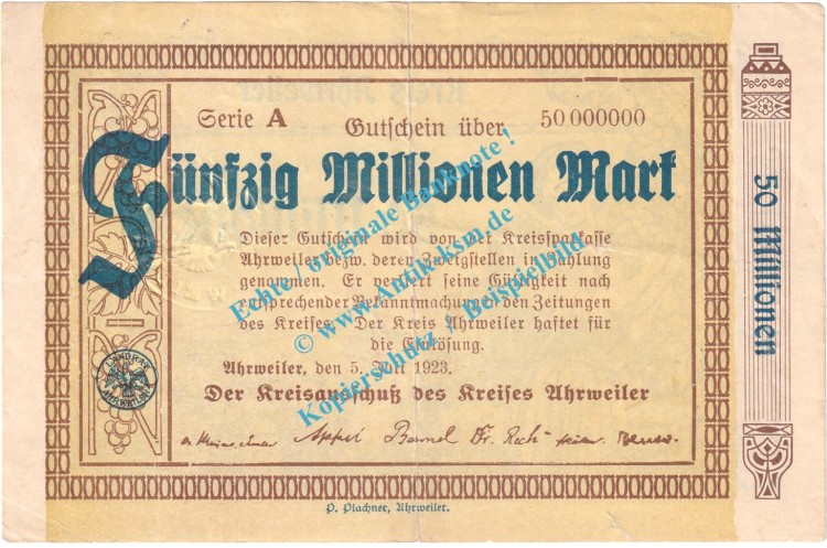Ahrweiler , Notgeld 50 Millionen Mark -o.Wz- in gbr. Keller 28.a , Rheinland 1923 Grossnotgeld Inflation